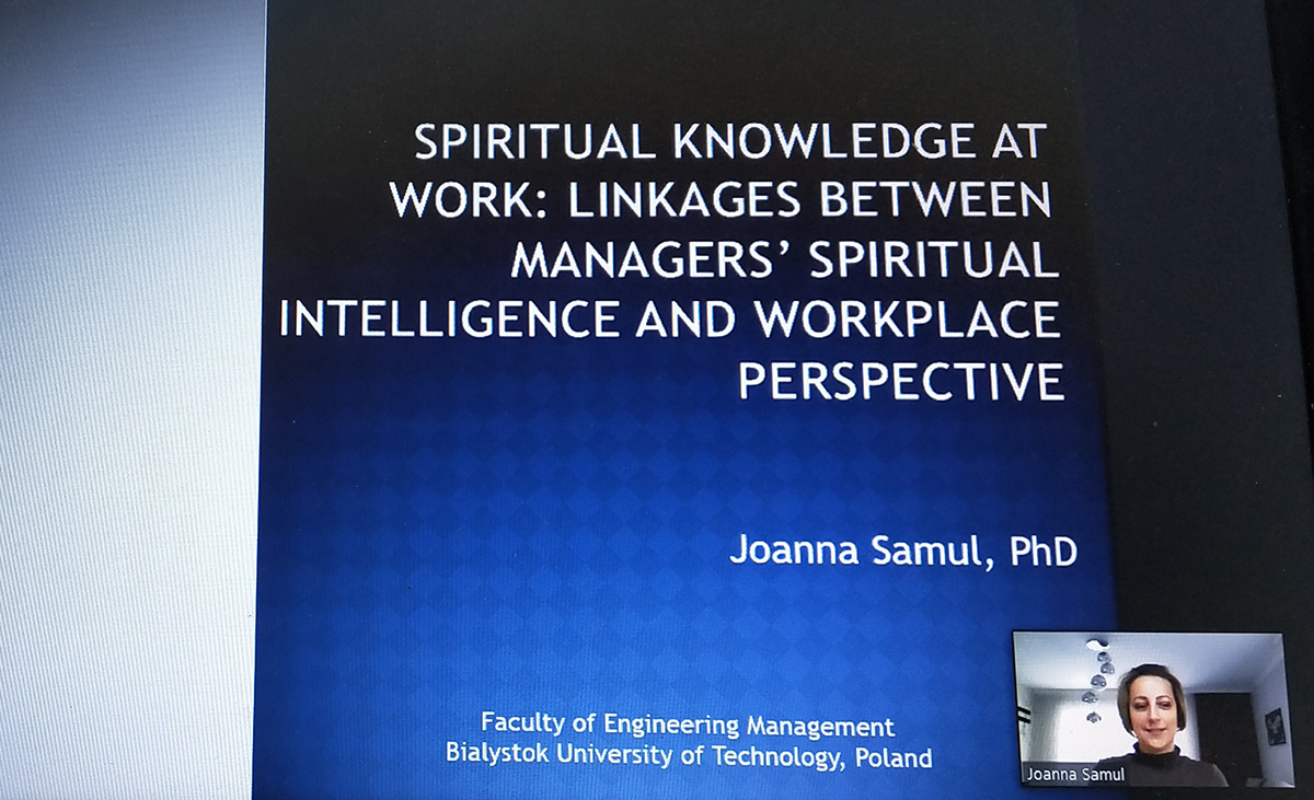 Wirtualna konferencja „21st European Conference on Knowledge Management ‐ ECKM 2020”. Slajd początkowy prezentaji dr Joanny Samul